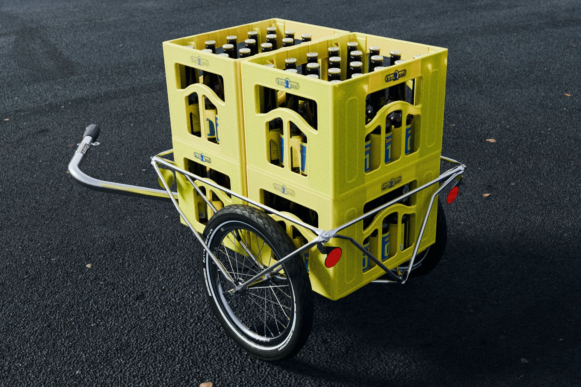polyroly BOX 1.0 CAGE mit vier gelben Harassen auf Asphalt