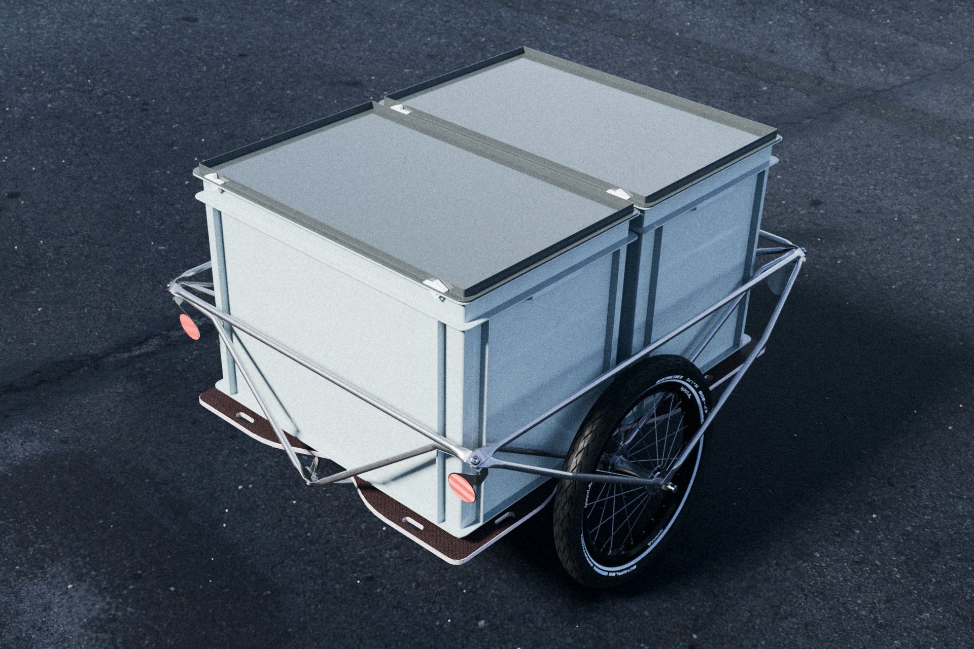 polyroly BOX 2.0 CARGO mit zwei grossen RAKO-Behältern auf Asphalt