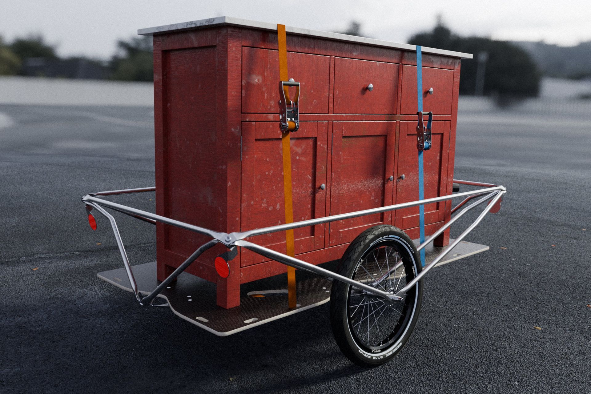 polyroly BOX 3.0 CONTAINER mit angeschnalltem Möbel auf Asphalt